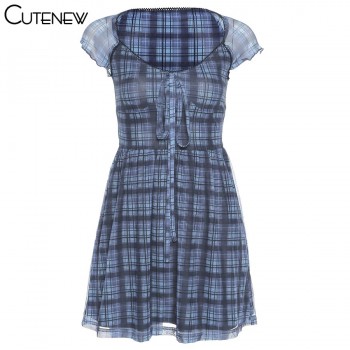 Lattice Pattern A-Line Short Sleeve Mini Dress For Womens Clothes 2021 Summer Casual Stretch